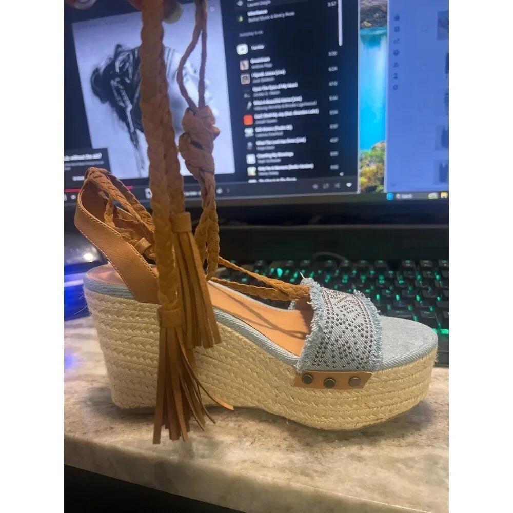 Tommy Hilfiger Women Blue Tan Studded Espadrille Tie-Up Wedge 8M